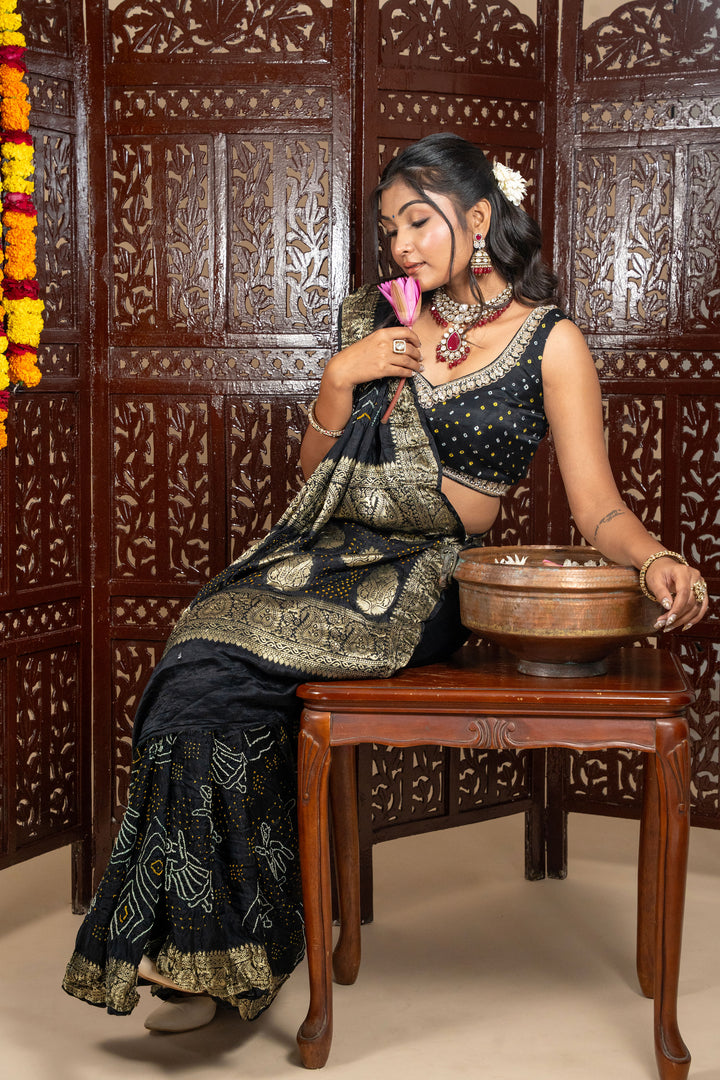 Fancy Gajji Silk Rai Bandhani Saree With Nakshi Border & Pallav in Black Colour