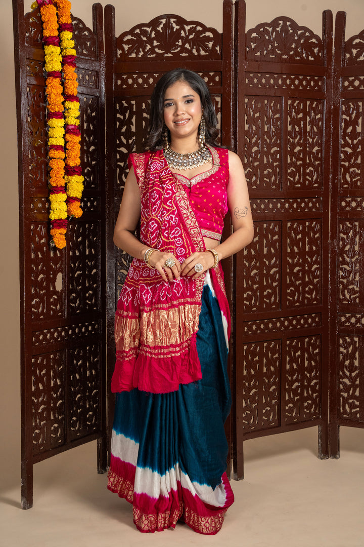 Red and Magenta Pure Banarasi Gajji Silk Bandhani Saree