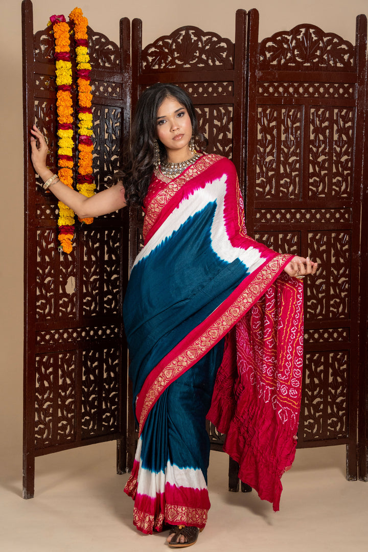 Red and Magenta Pure Banarasi Gajji Silk Bandhani Saree