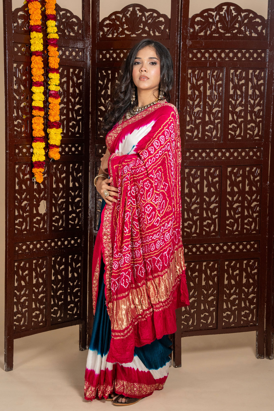 Red and Magenta Pure Banarasi Gajji Silk Bandhani Saree