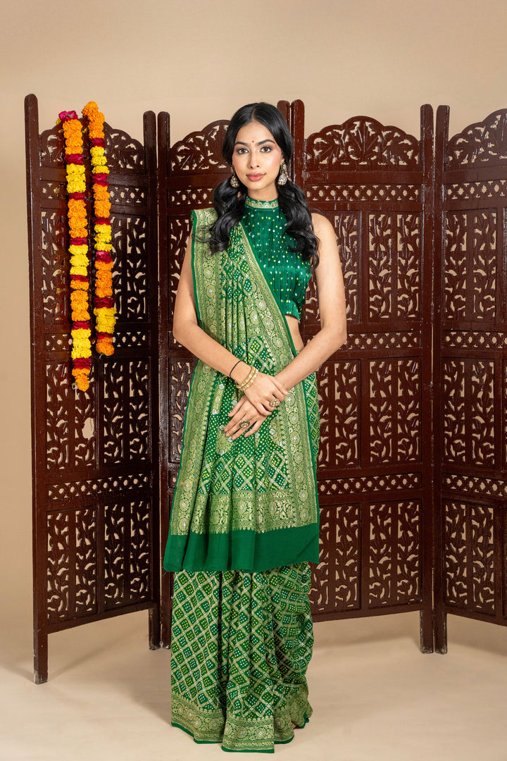 Bottle Green Pure Banarasi Georgette Rai Bandhani In Jungle Design