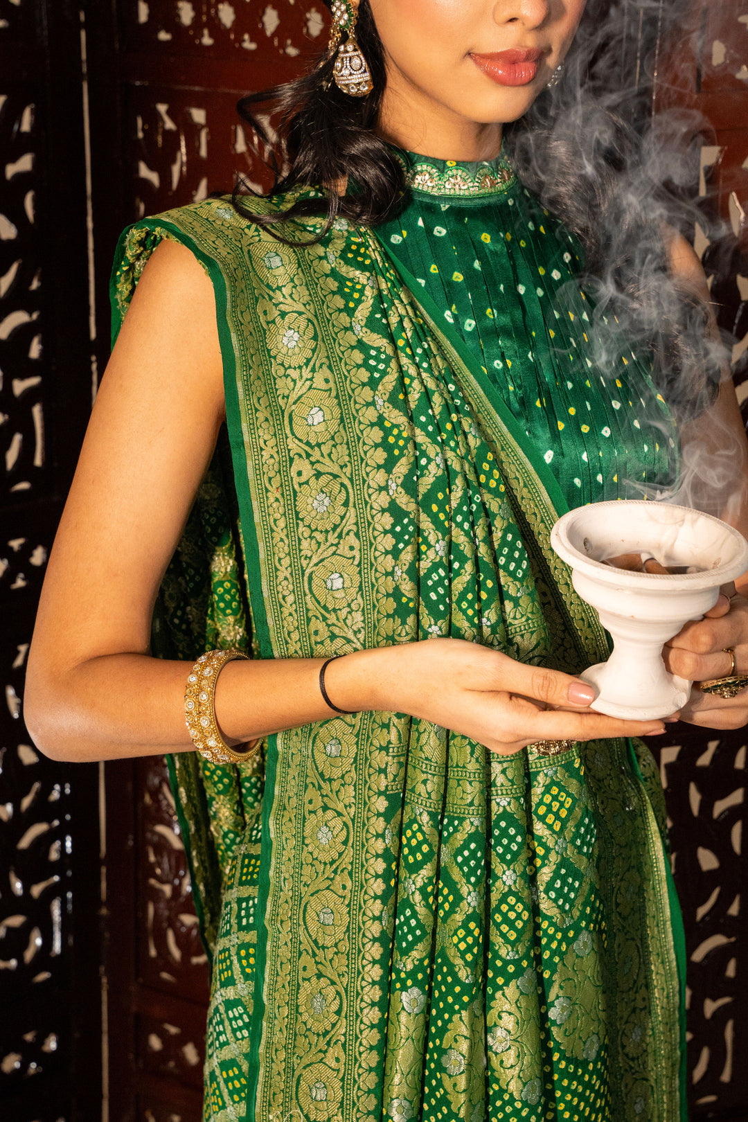 Bottle Green Pure Banarasi Georgette Rai Bandhani In Jungle Design