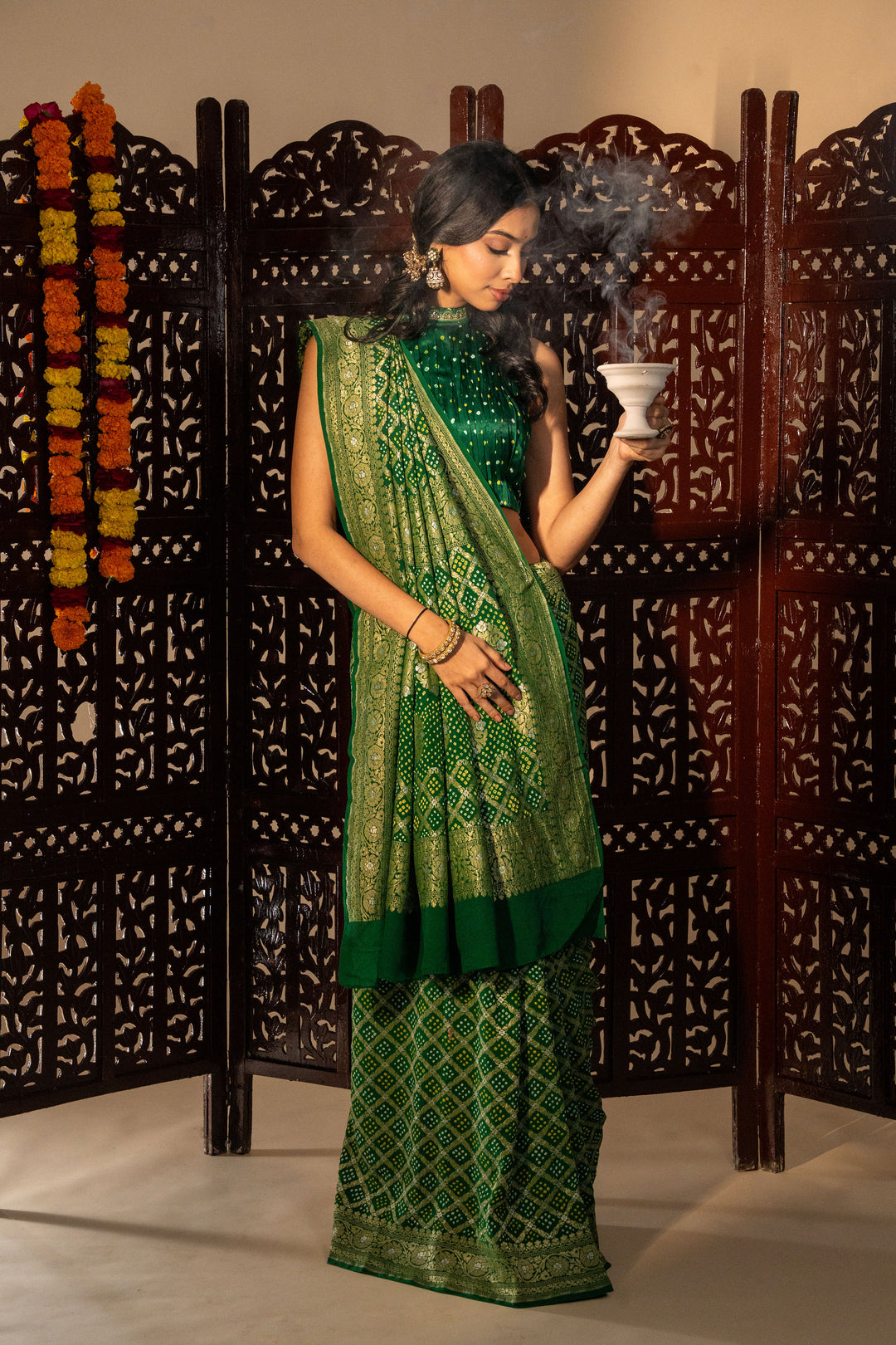 Bottle Green Pure Banarasi Georgette Rai Bandhani In Jungle Design