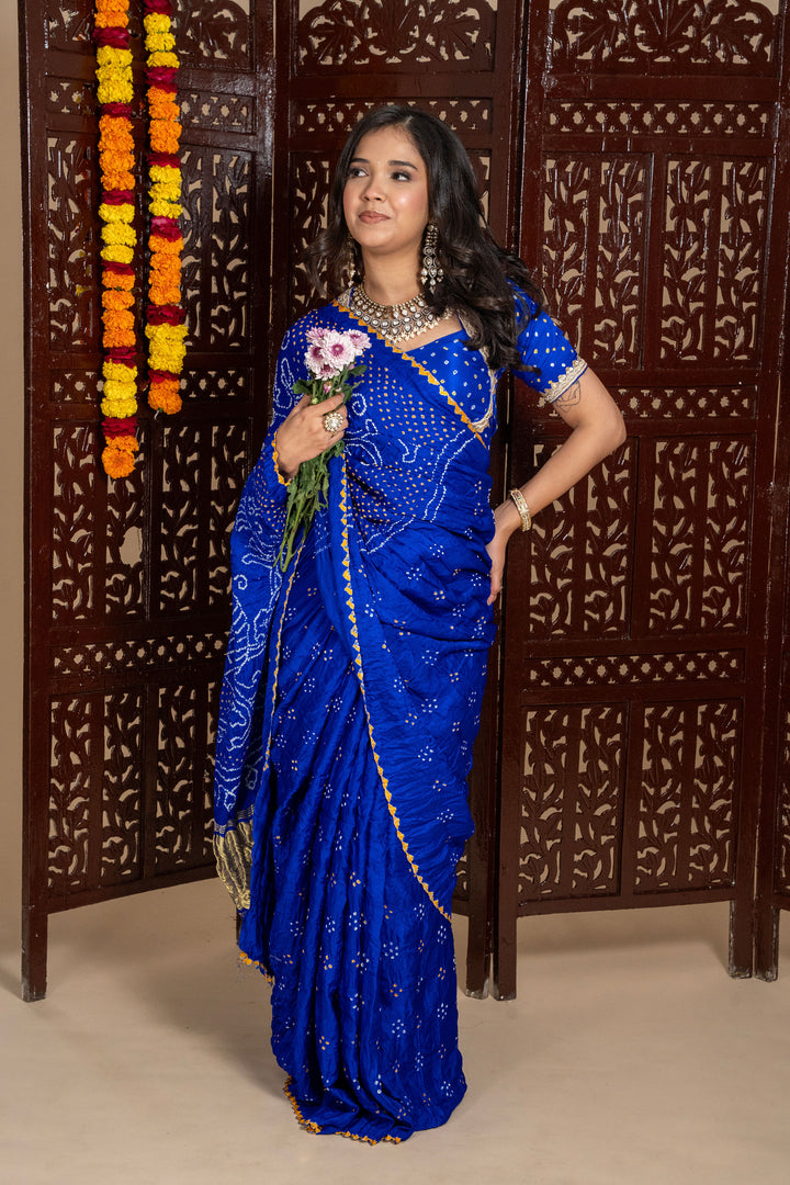 Royal Blue Mor Pallav Gajji Silk Rai Bandhani Saree