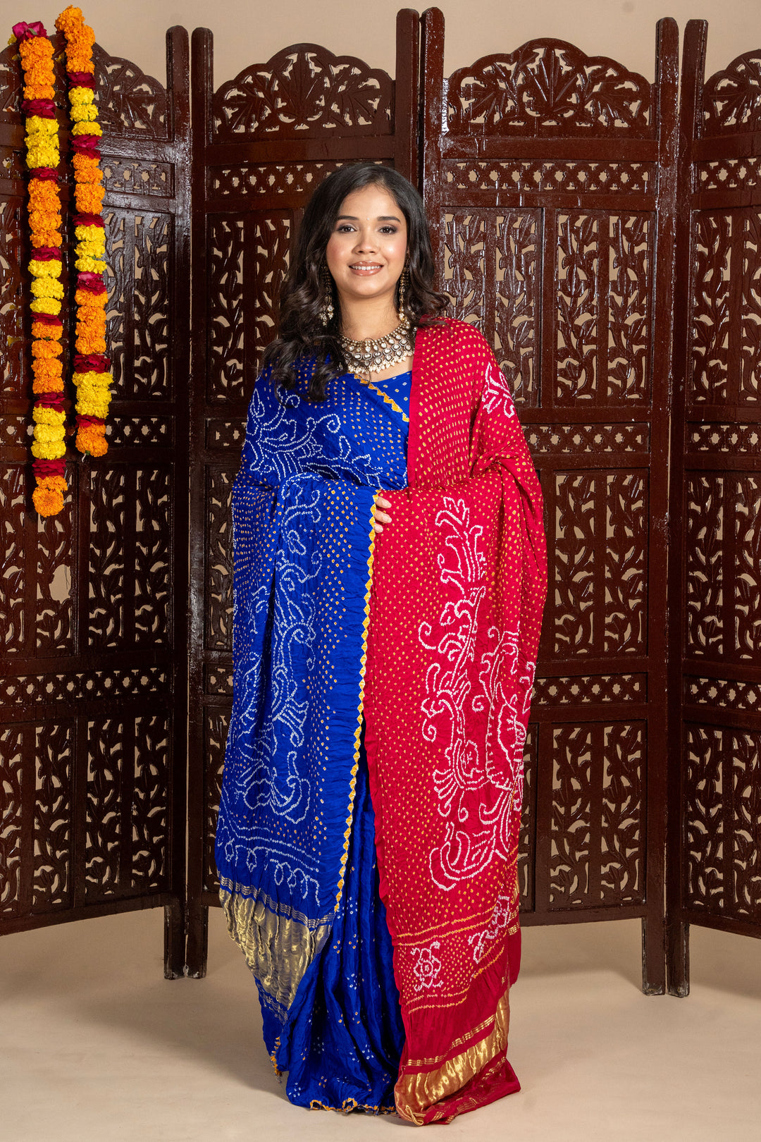 Royal Blue Mor Pallav Gajji Silk Rai Bandhani Saree