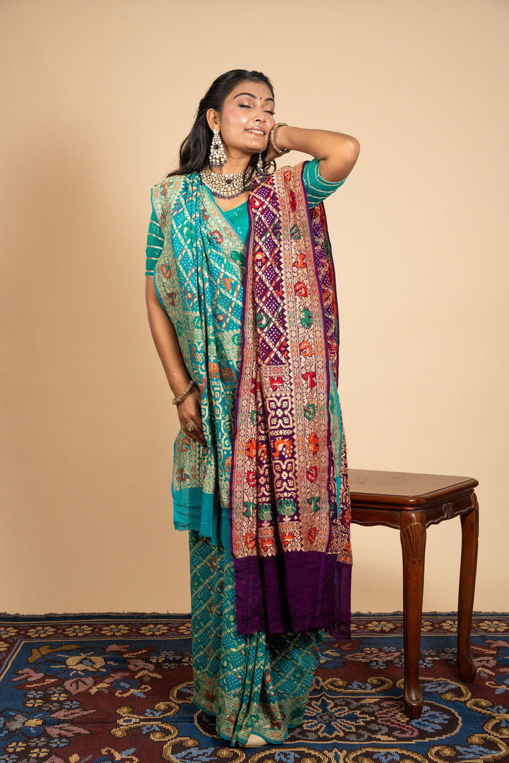 Sea Green Minakari Georgette Bandhani Saree