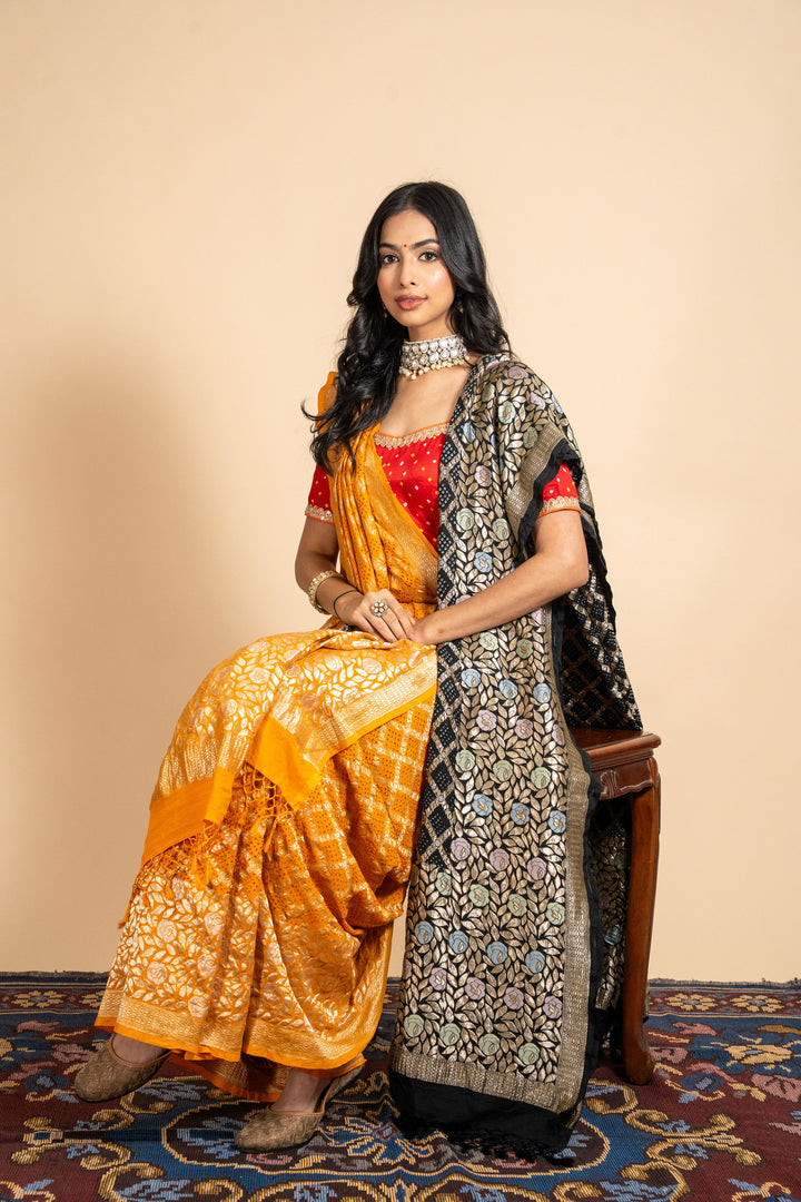 Yellow Pure Georgette Bandhani Saree With Silver Zari Border