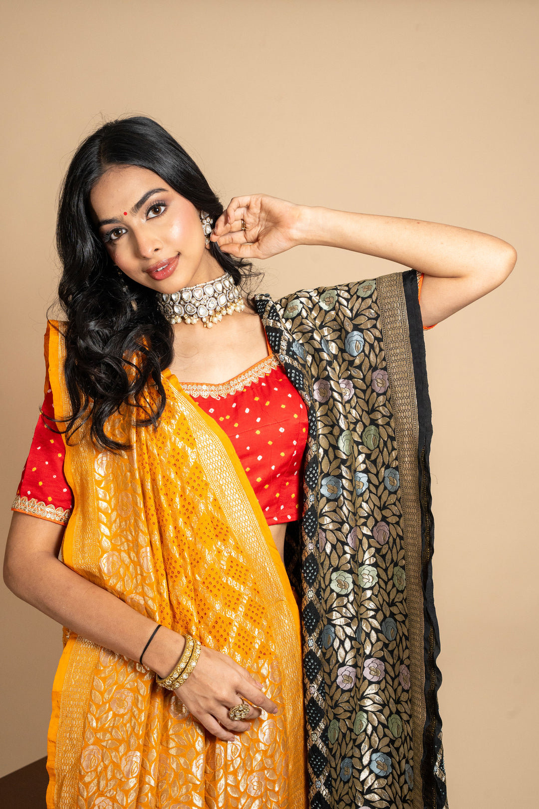 Yellow Pure Georgette Bandhani Saree With Silver Zari Border
