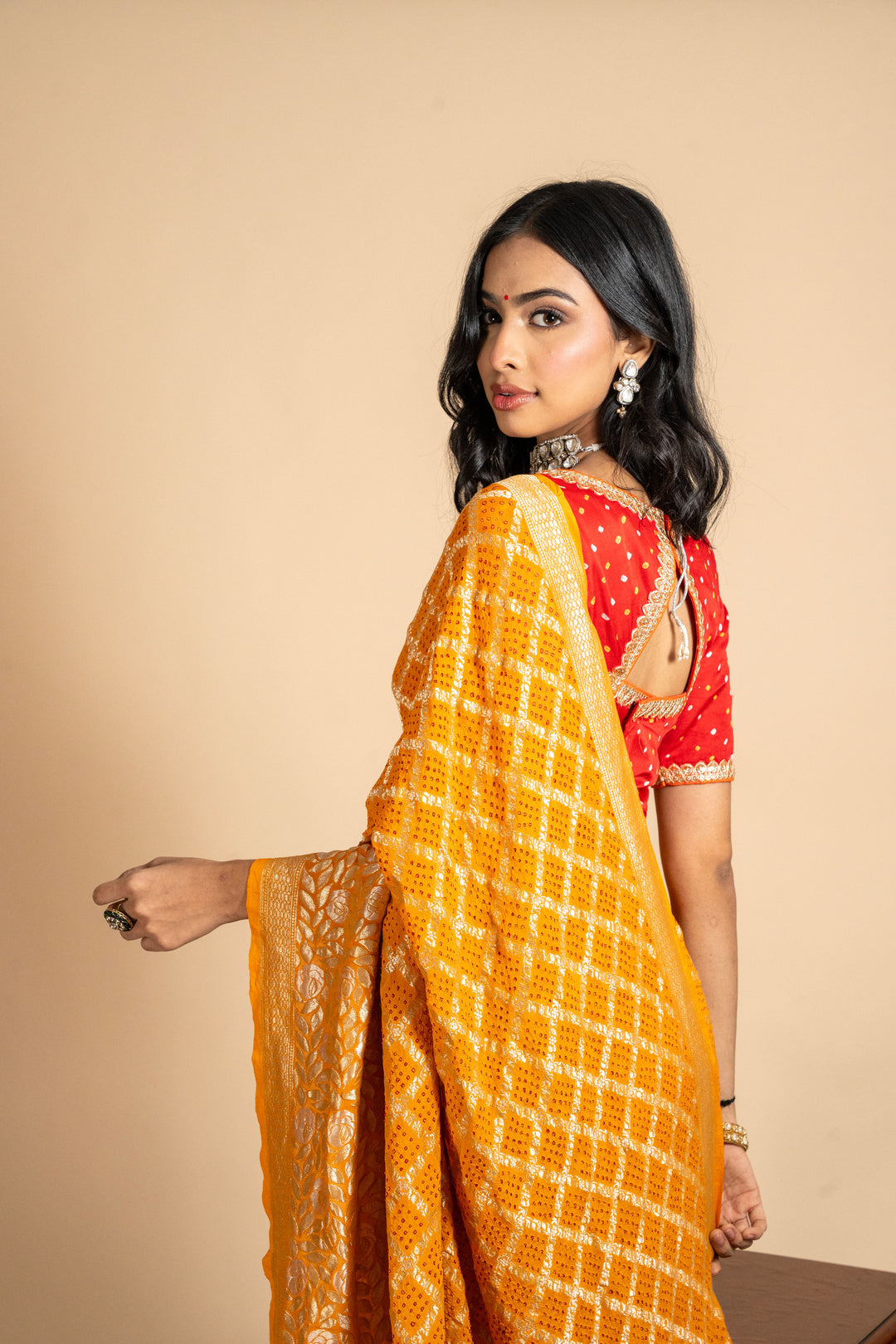 Yellow Pure Georgette Bandhani Saree With Silver Zari Border