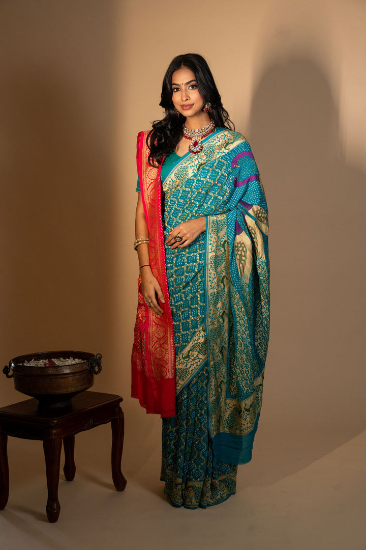 Royal Blue Bandhani Silk Saree With  Golden Zari