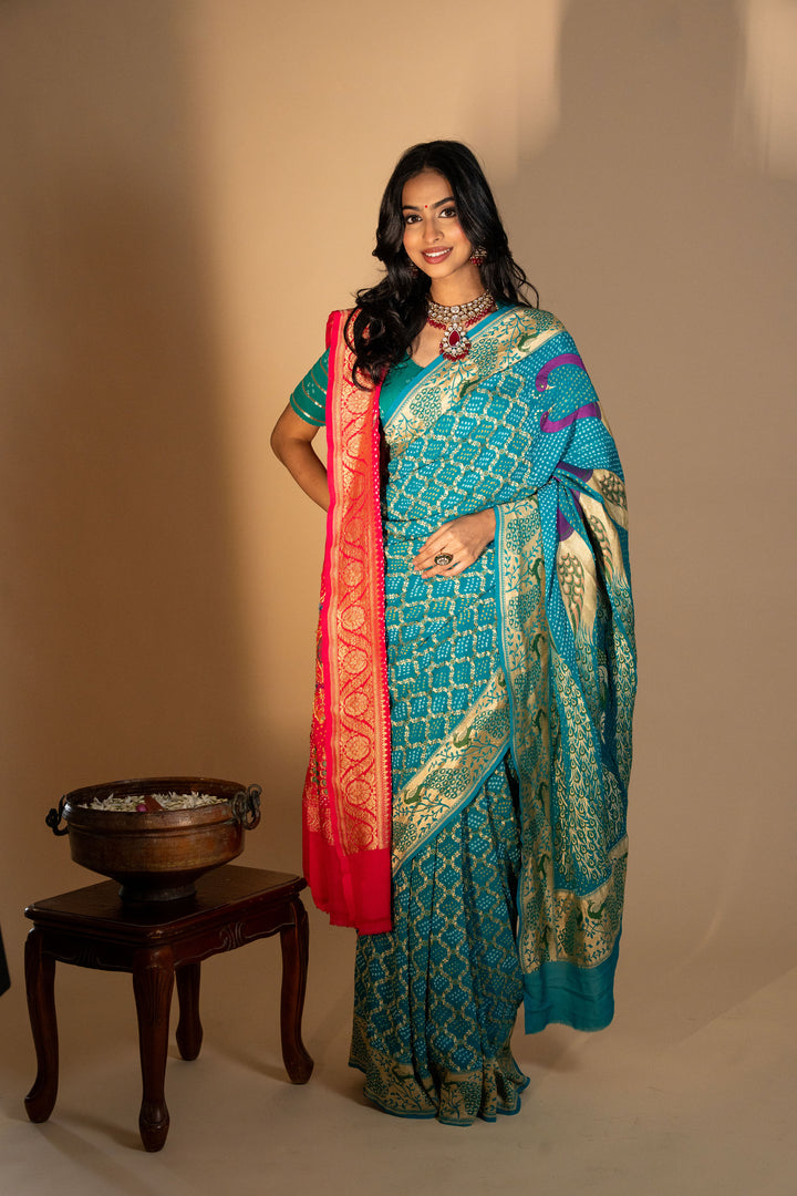 Sky Blue Pure Georgette Peacock Design Bandhani Saree