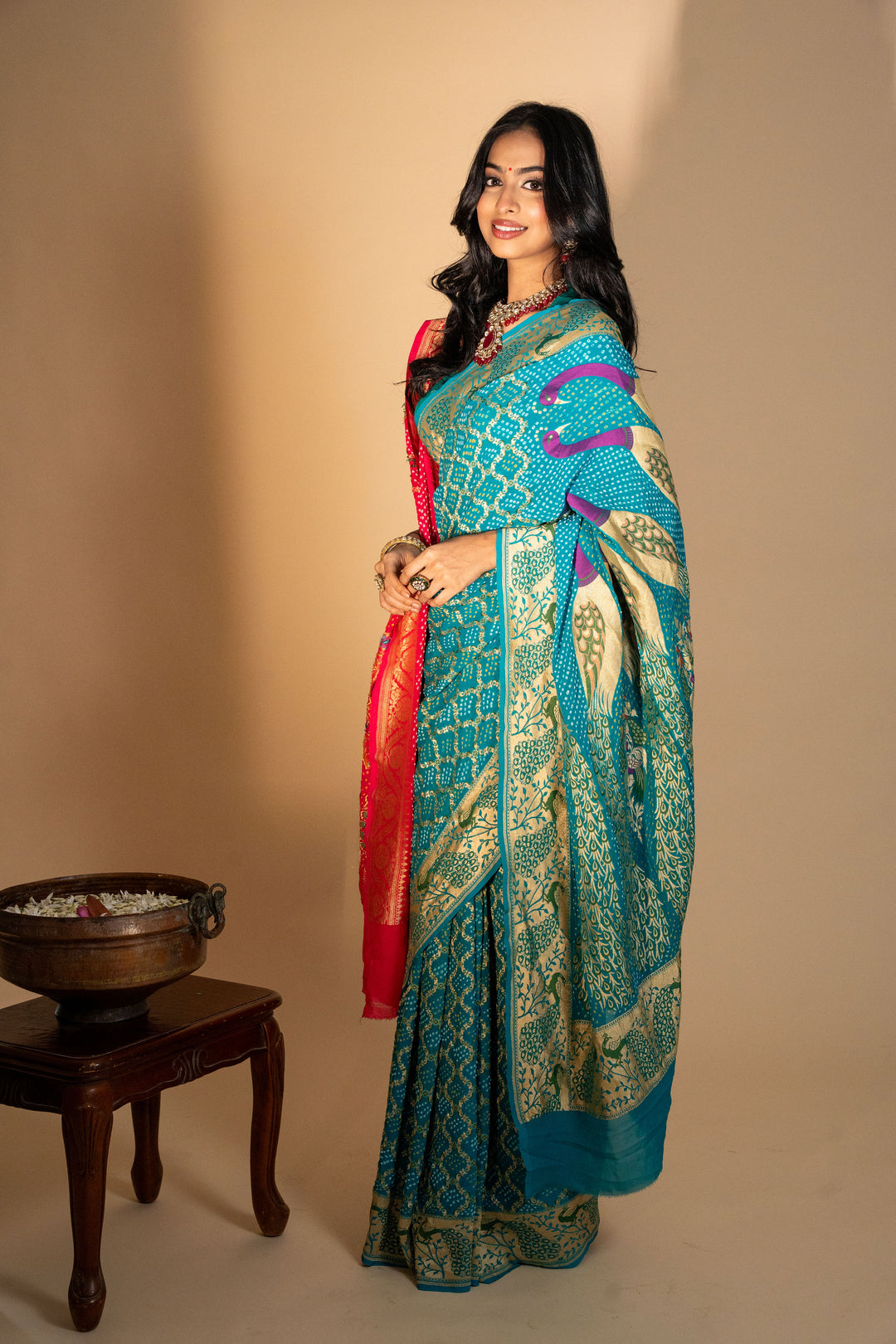 Royal Blue Bandhani Silk Saree With  Golden Zari