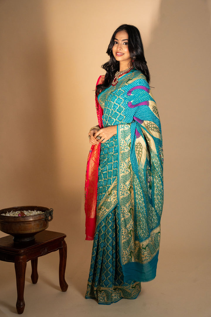 Royal Blue Bandhani Silk Saree With  Golden Zari