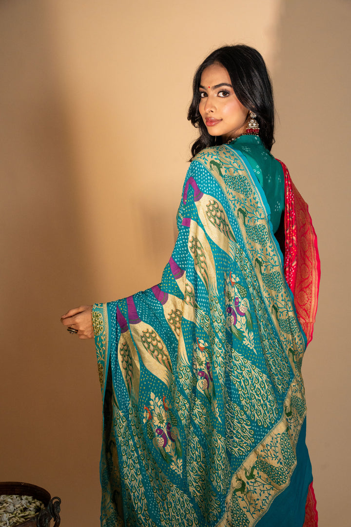 Royal Blue Bandhani Silk Saree With  Golden Zari