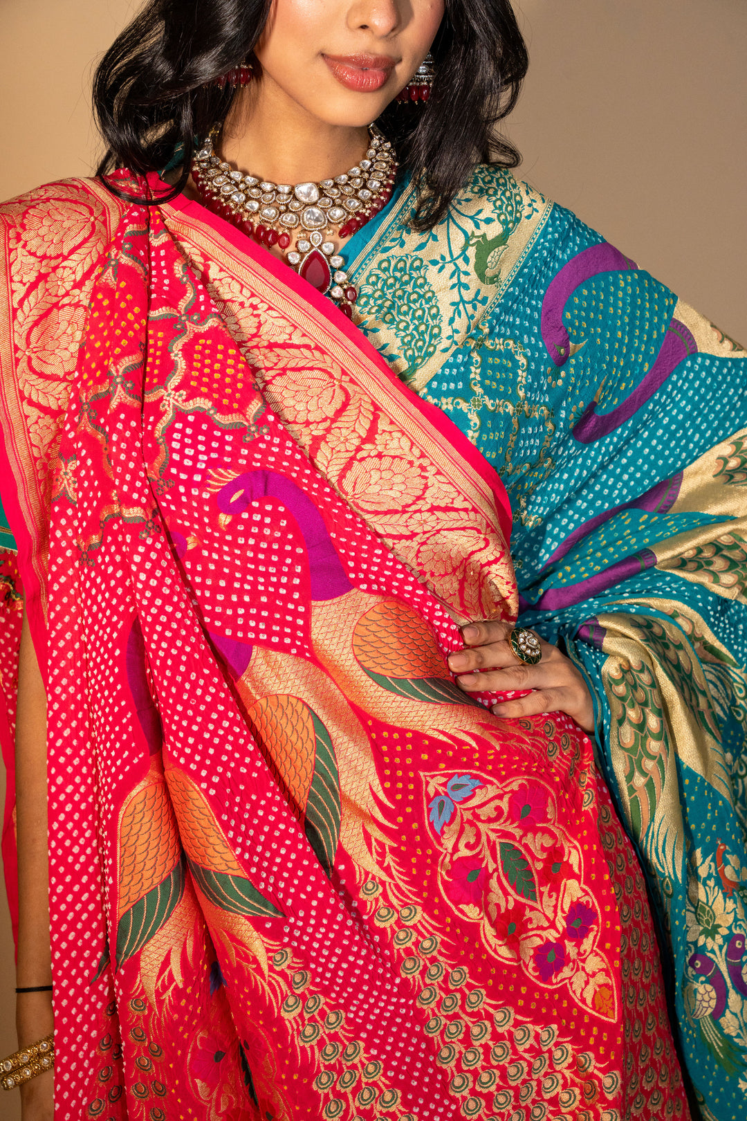 Pink Peacock Design Georgette Duppata With Neem Zari