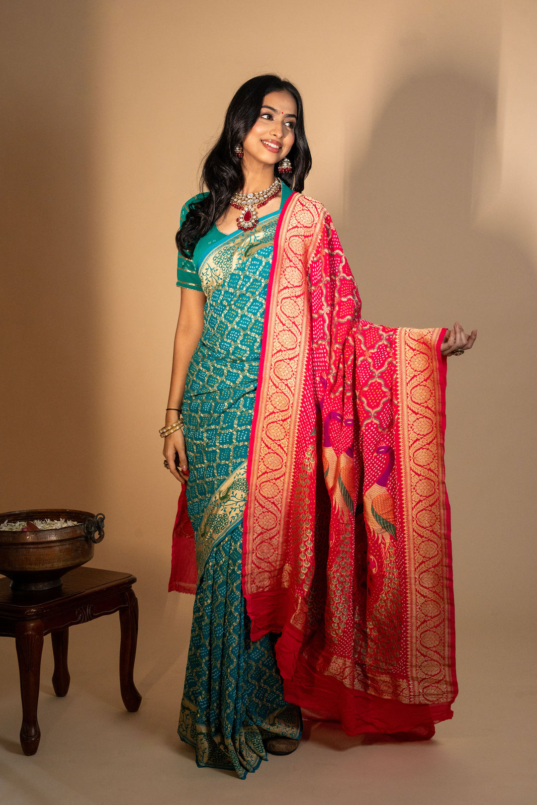 Sky Blue Pure Georgette Peacock Design Bandhani Saree