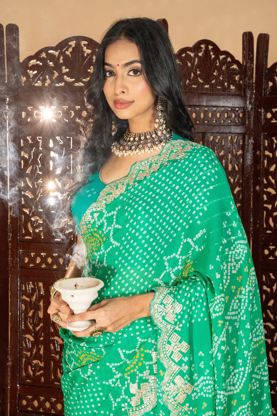 Rama Georgette Silk Bandhani With Zari Border