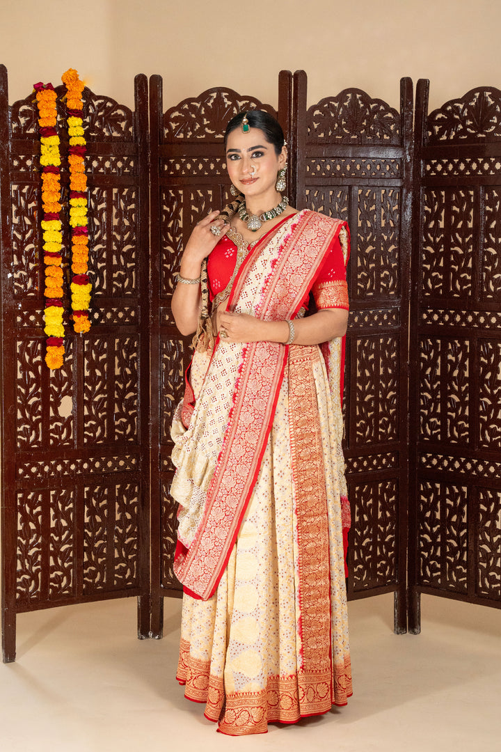 Red & Cream Bandhani Silk Saree with Contrasting Border