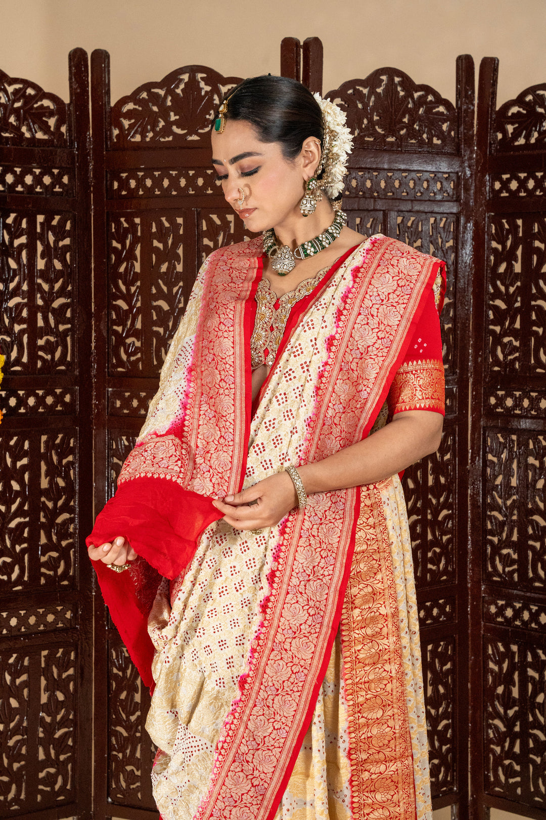Red & Cream Bandhani Silk Saree with Contrasting Border
