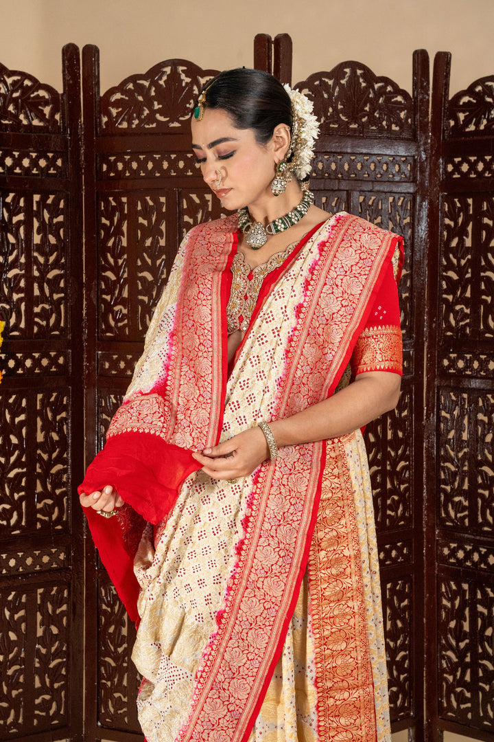 Red & Cream Bandhani Silk Saree with Contrasting Border