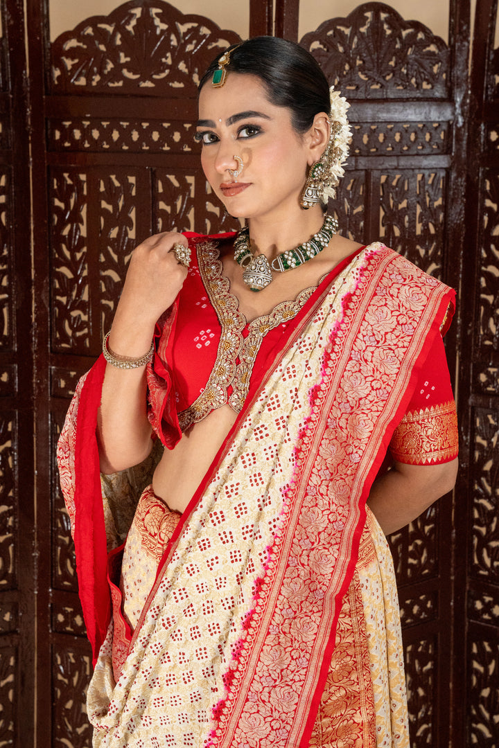 Red & Cream Bandhani Silk Saree with Contrasting Border
