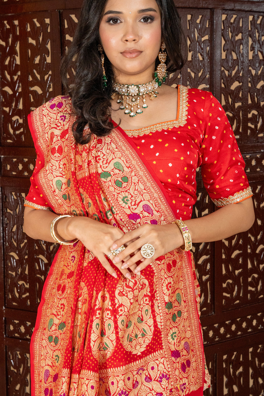 Orange and Red Pure Georgette Gharchola Rai Bandhej Saree