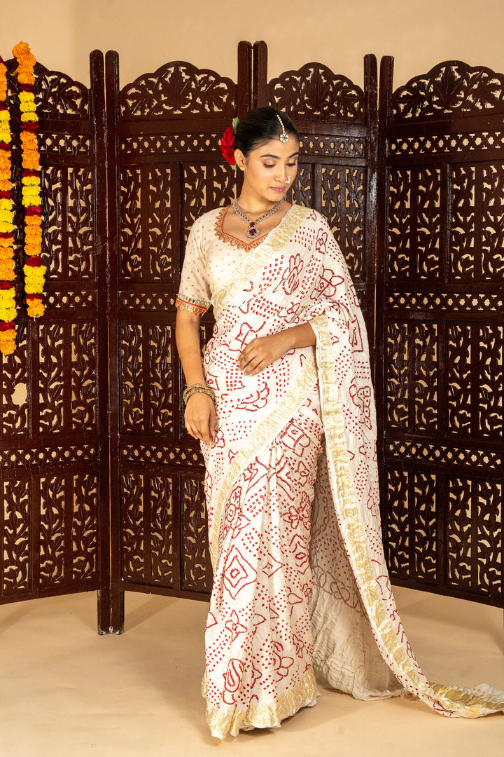 White & Maroon Bandhani Saree in Soft Silk with Intricate Hand Tie-Dye Design