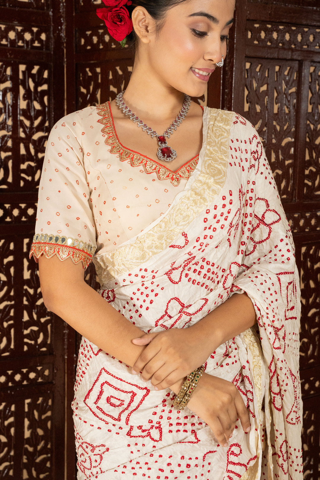 White & Maroon Bandhani Saree in Soft Silk with Intricate Hand Tie-Dye Design
