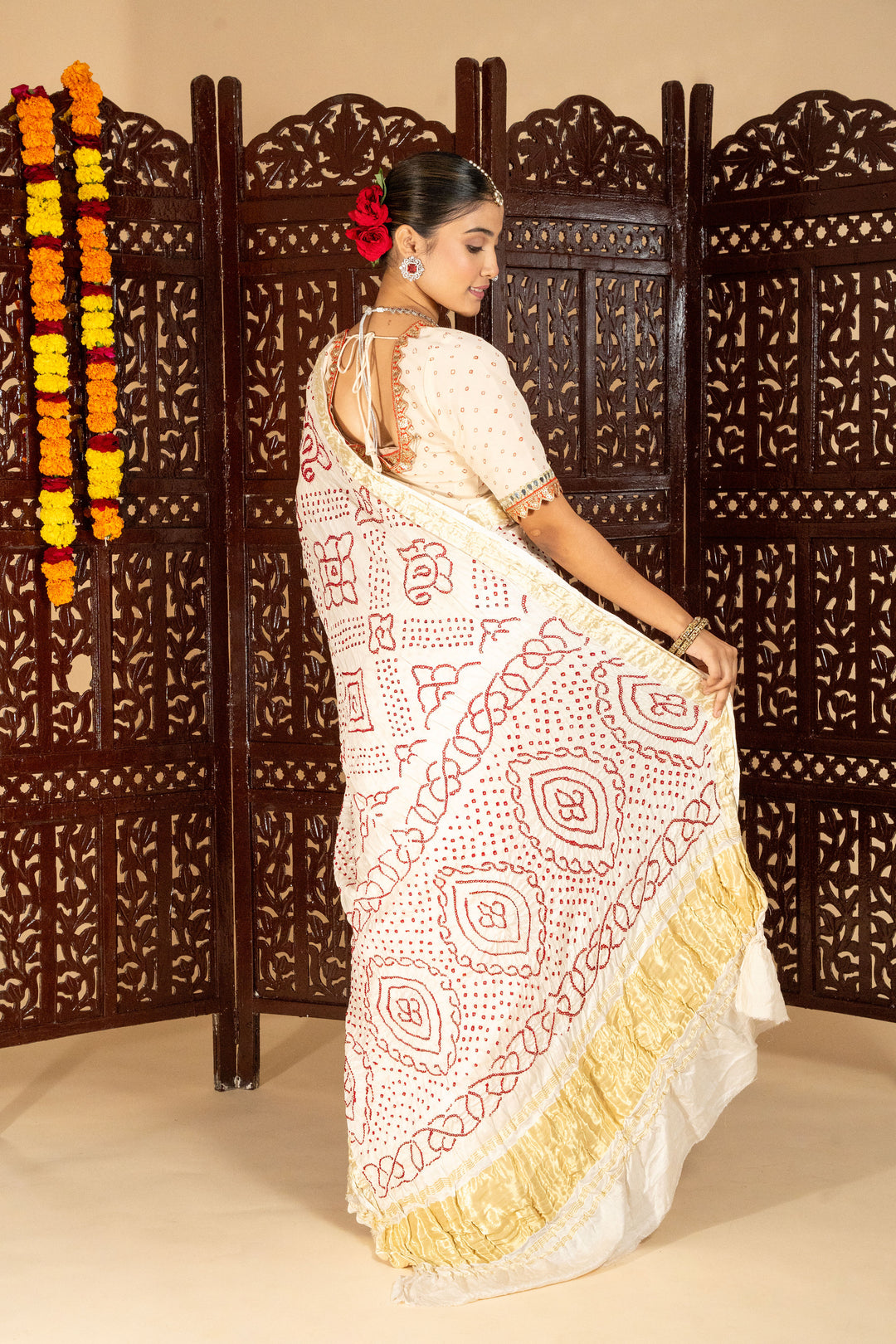White & Maroon Bandhani Saree in Soft Silk with Intricate Hand Tie-Dye Design