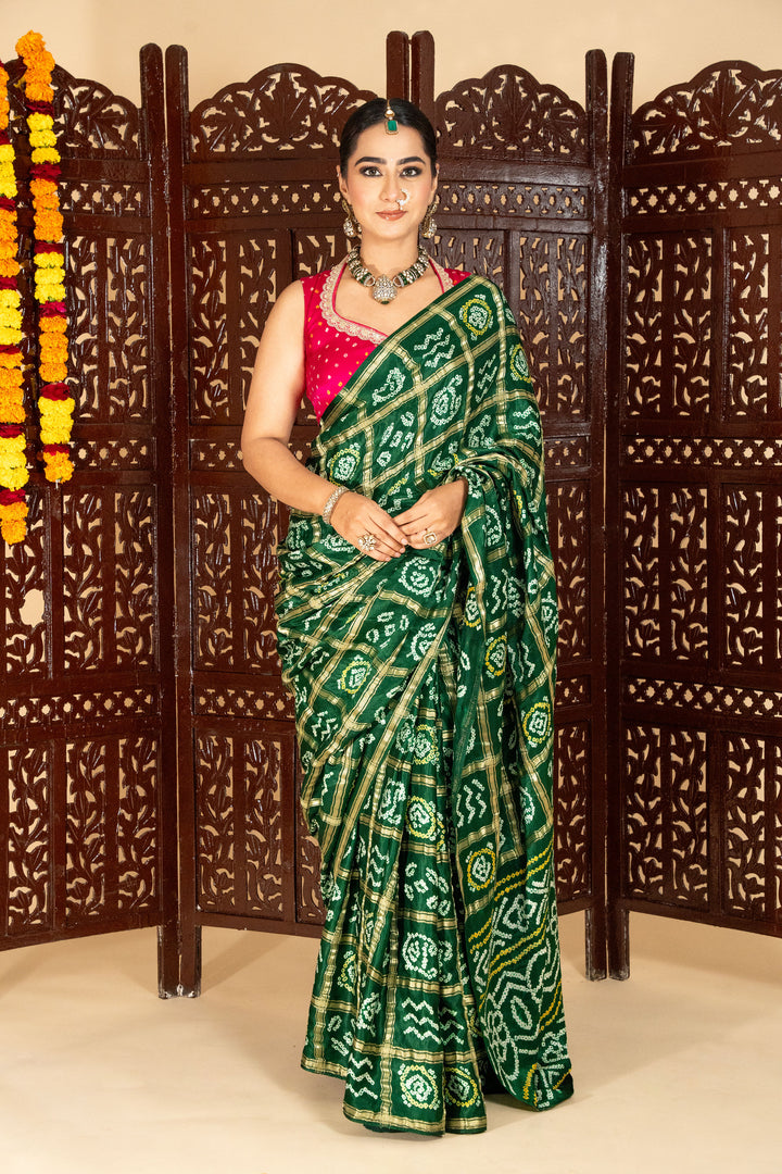Bottle Green Pure Gajji Silk Gharchola Saree With Golden Zari