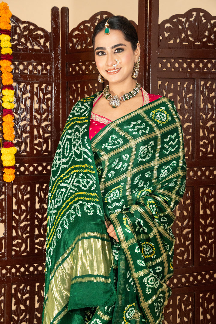 Bottle Green Pure Gajji Silk Gharchola Saree With Golden Zari