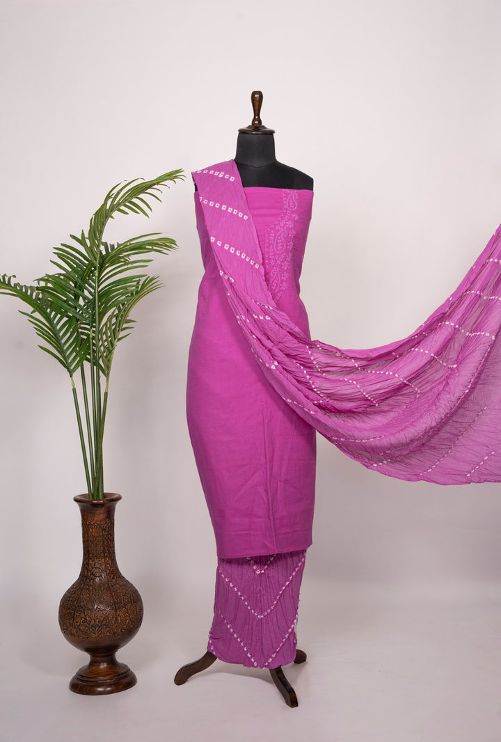 Dull Pink Cotton Satin Suit Material with Neck Embroidery
