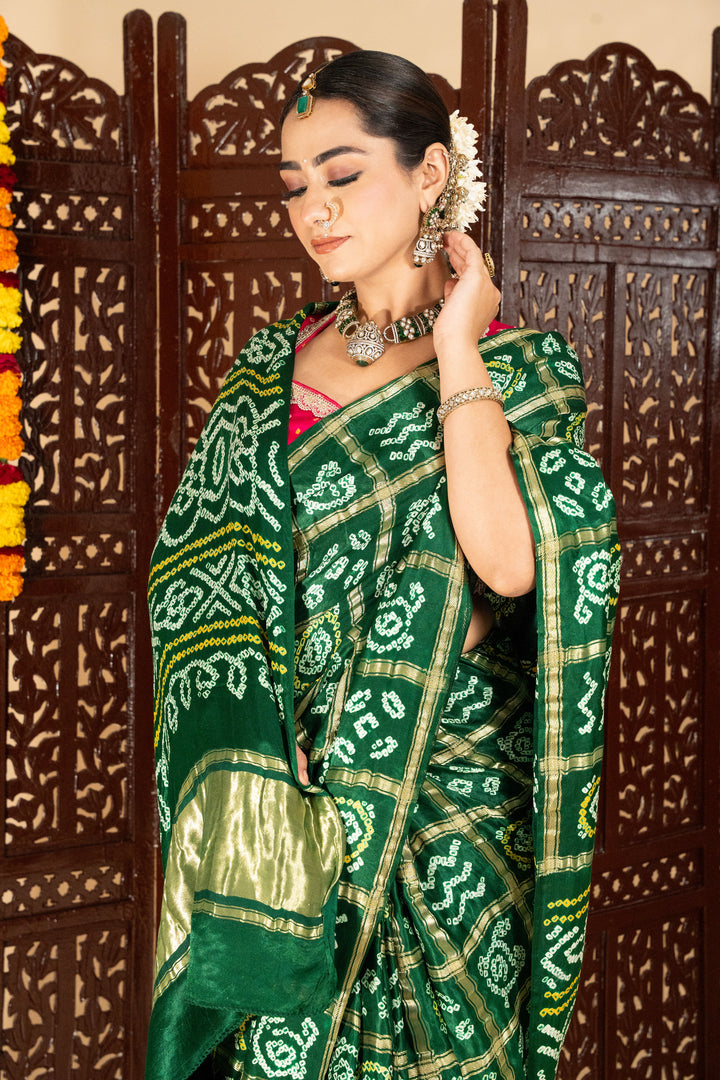 Bottle Green Pure Gajji Silk Gharchola Saree With Golden Zari