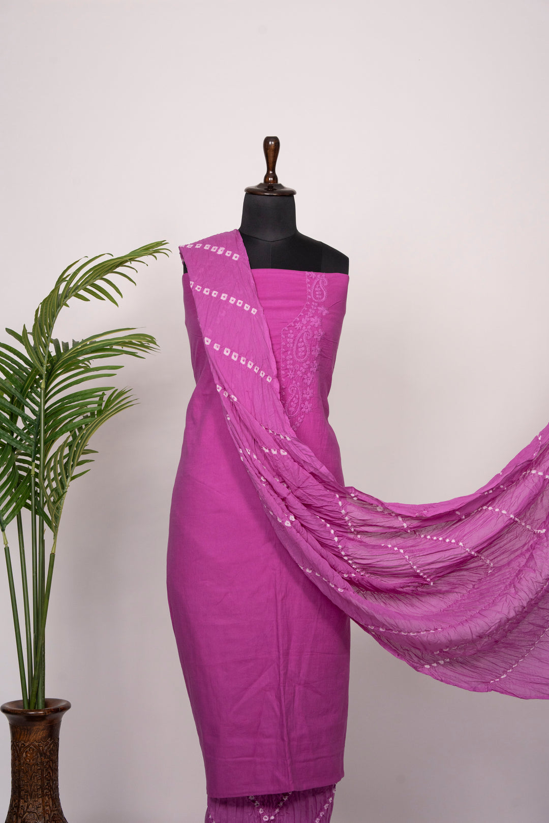Dull Pink Cotton Satin Suit Material with Neck Embroidery
