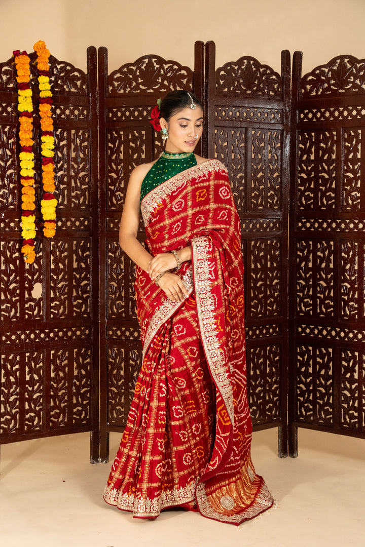 Maroon Gajji Silk Rai Bandhej Saree With Gota Patti Work