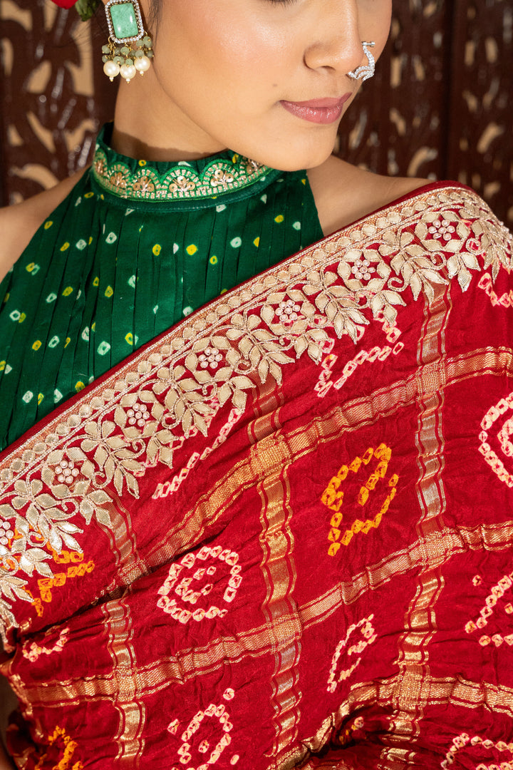 Maroon Gajji Silk Rai Bandhej Saree With Gota Patti Work