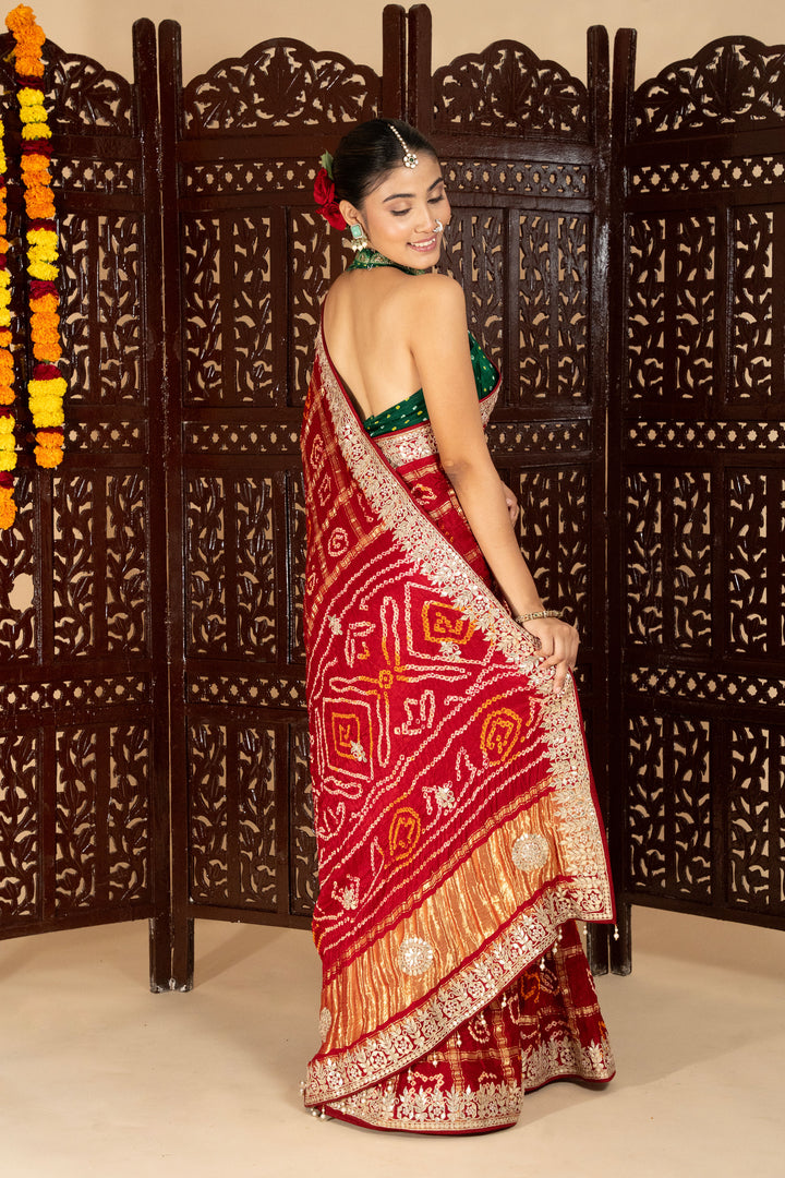 Maroon Gajji Silk Rai Bandhej Saree With Gota Patti Work