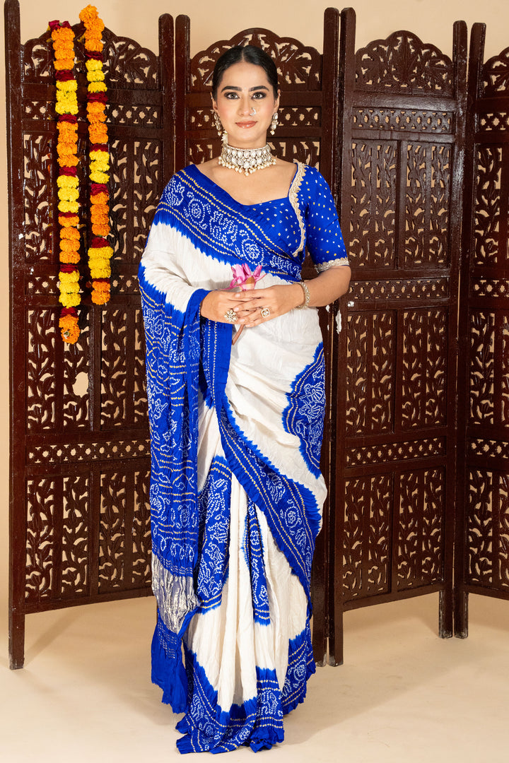 Gajji Silk Lagdi Patta Pallav Rai Bandhani Saree In Blue Color