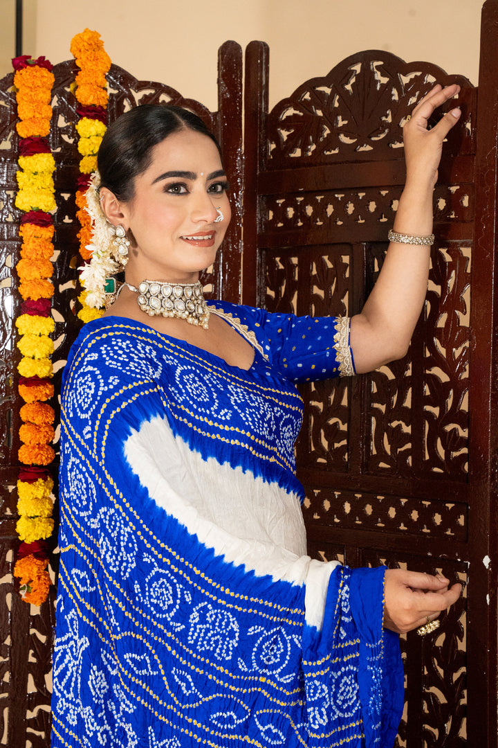 Gajji Silk Lagdi Patta Pallav Rai Bandhani Saree In Blue Color