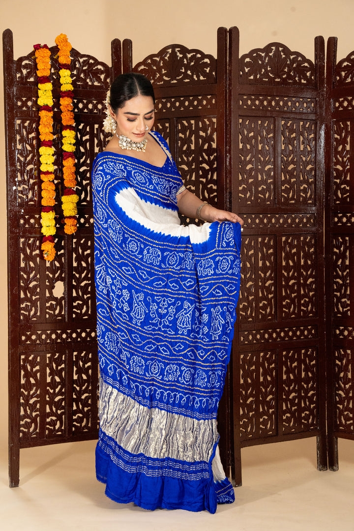 Gajji Silk Lagdi Patta Pallav Rai Bandhani Saree In Blue Color