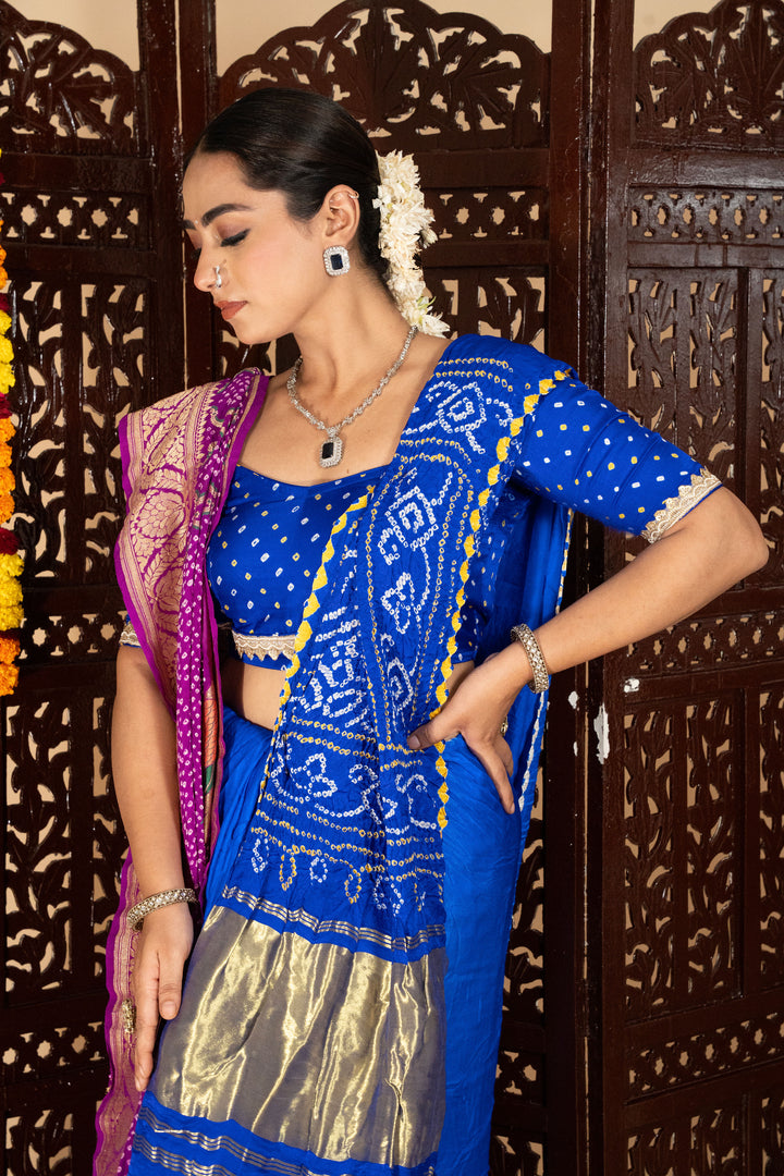 Royal Blue Gajji Silk Single Dot Bandhani Saree
