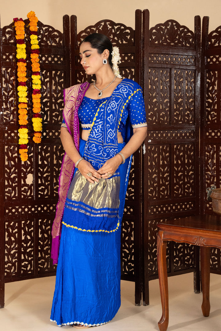 Royal Blue Gajji Silk Single Dot Bandhani Saree