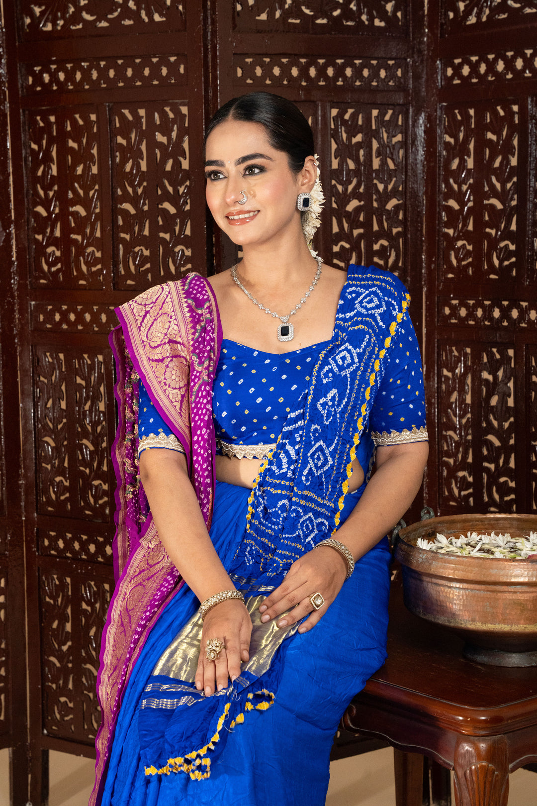Royal Blue Gajji Silk Single Dot Bandhani Saree