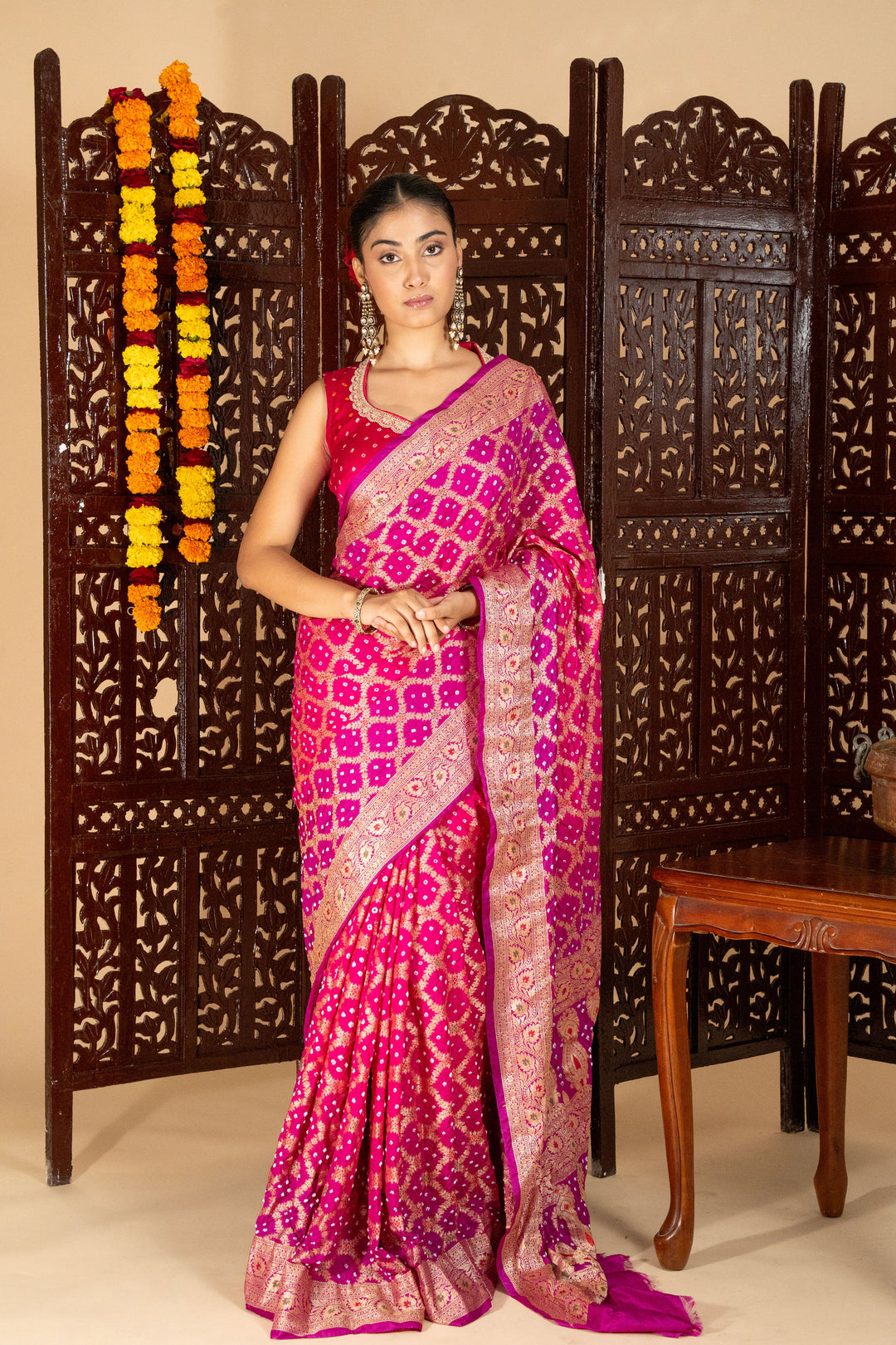Rani Pink Dupion Silk Junglo Art Bandhani Saree