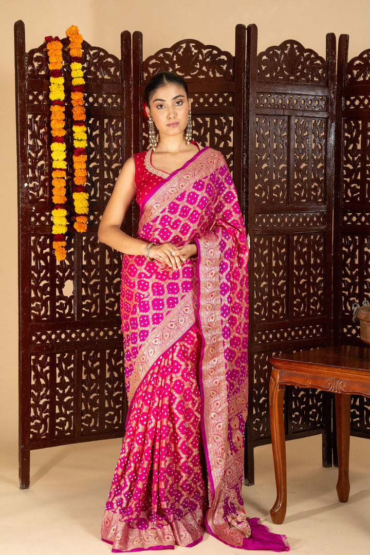 Rani Pink Dupion Silk Junglo Art Bandhani Saree