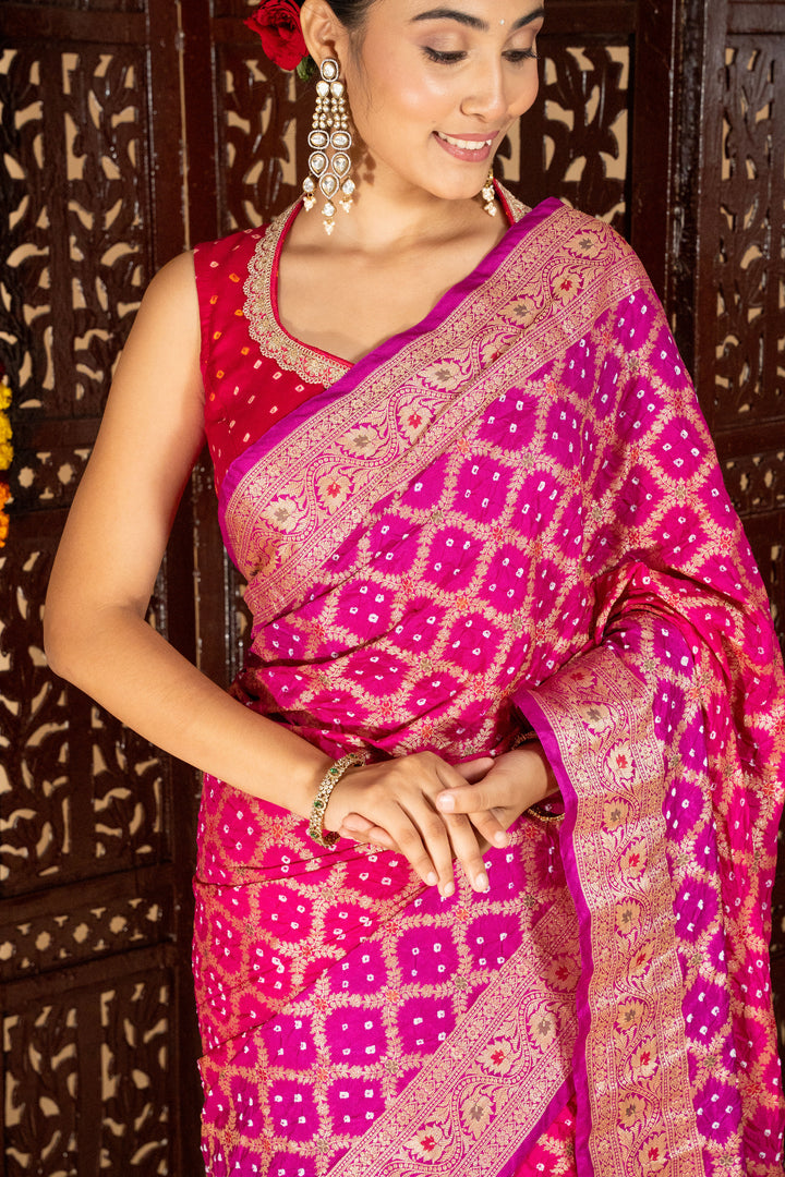 Rani Pink Dupion Silk Junglo Art Bandhani Saree