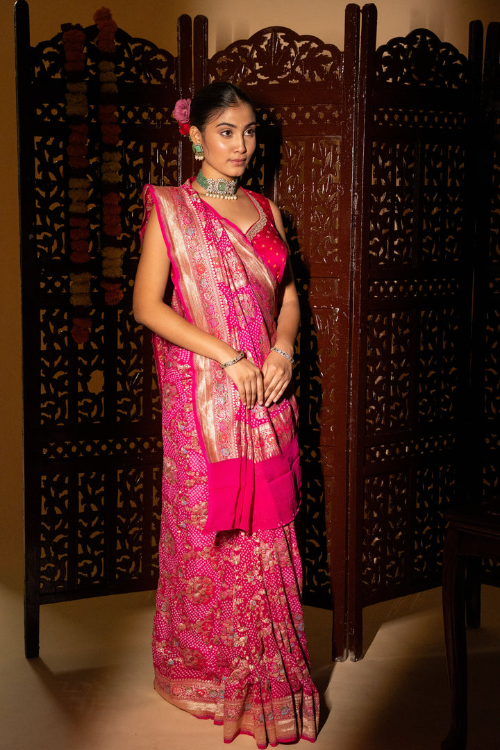 Rani Pink Pure Georgette Silk Meenakari Rai Bandhej Saree