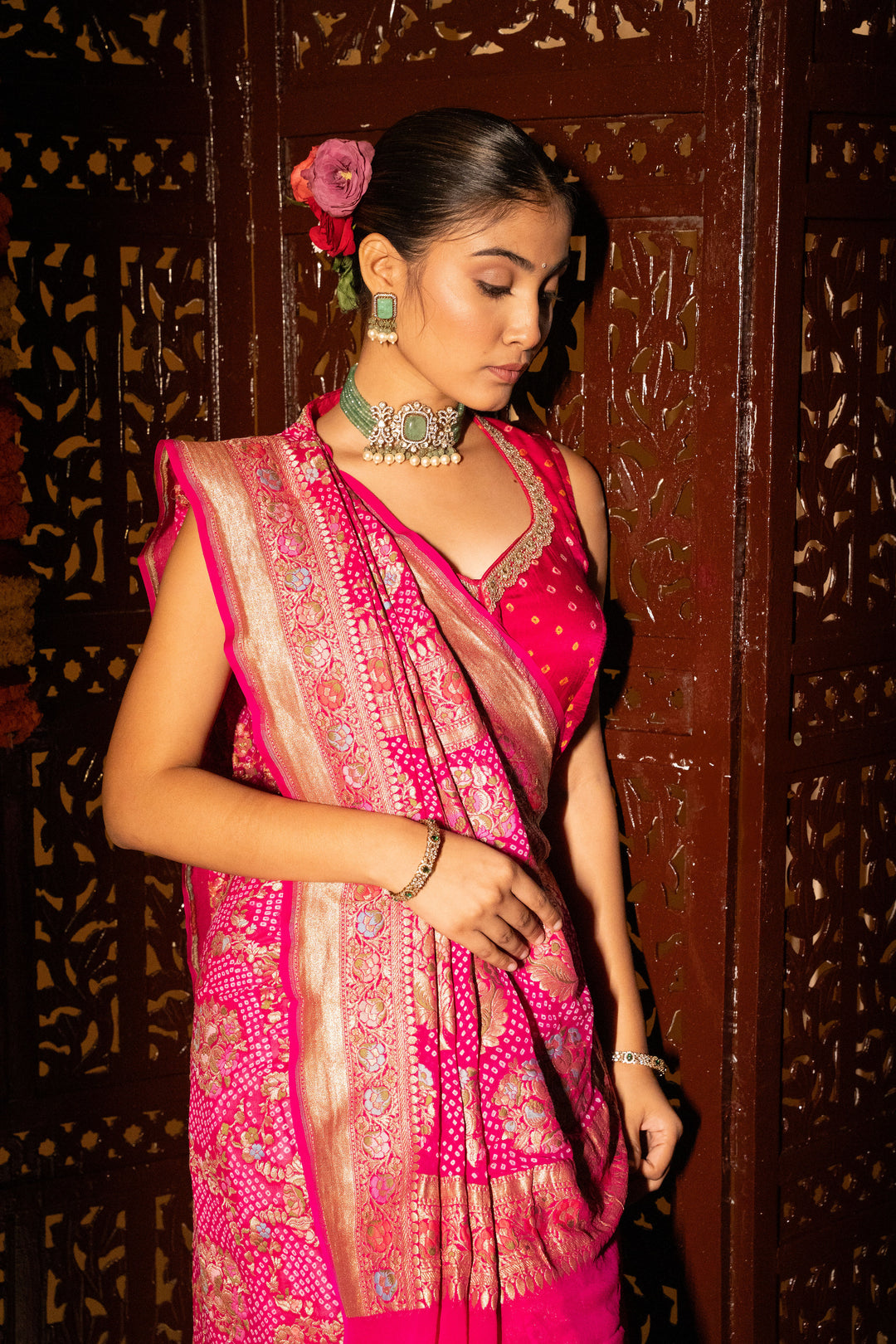 Rani Pink Pure Georgette Silk Meenakari Rai Bandhej Saree