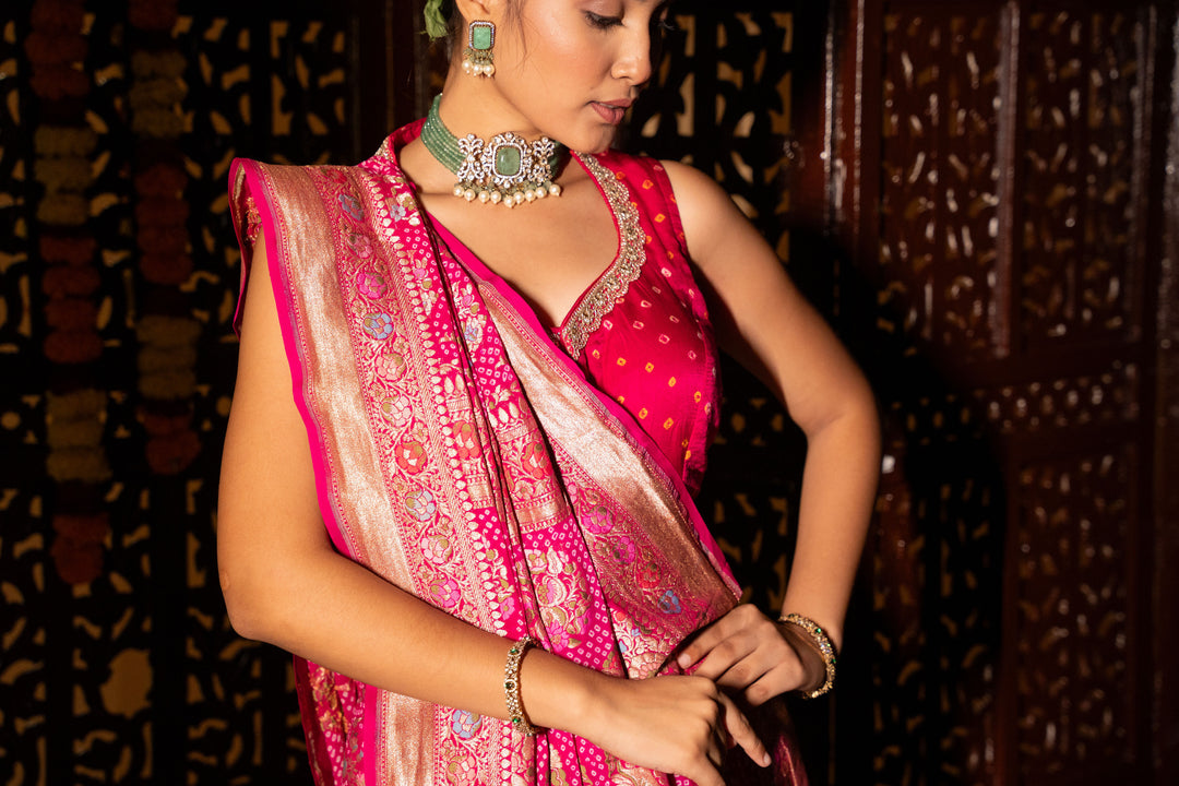 Rani Pink Pure Georgette Silk Meenakari Rai Bandhej Saree