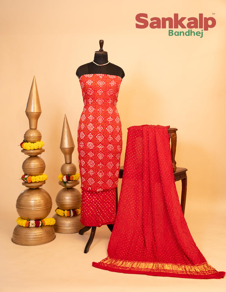 Orange and Pink Pure Gajji Rai Bandhej Dress Material